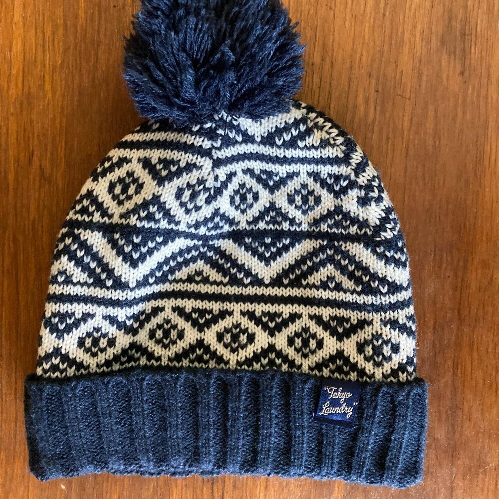 Tokyo Laundry mens sandor wool blend fairisle print bobble hat navy winter knit